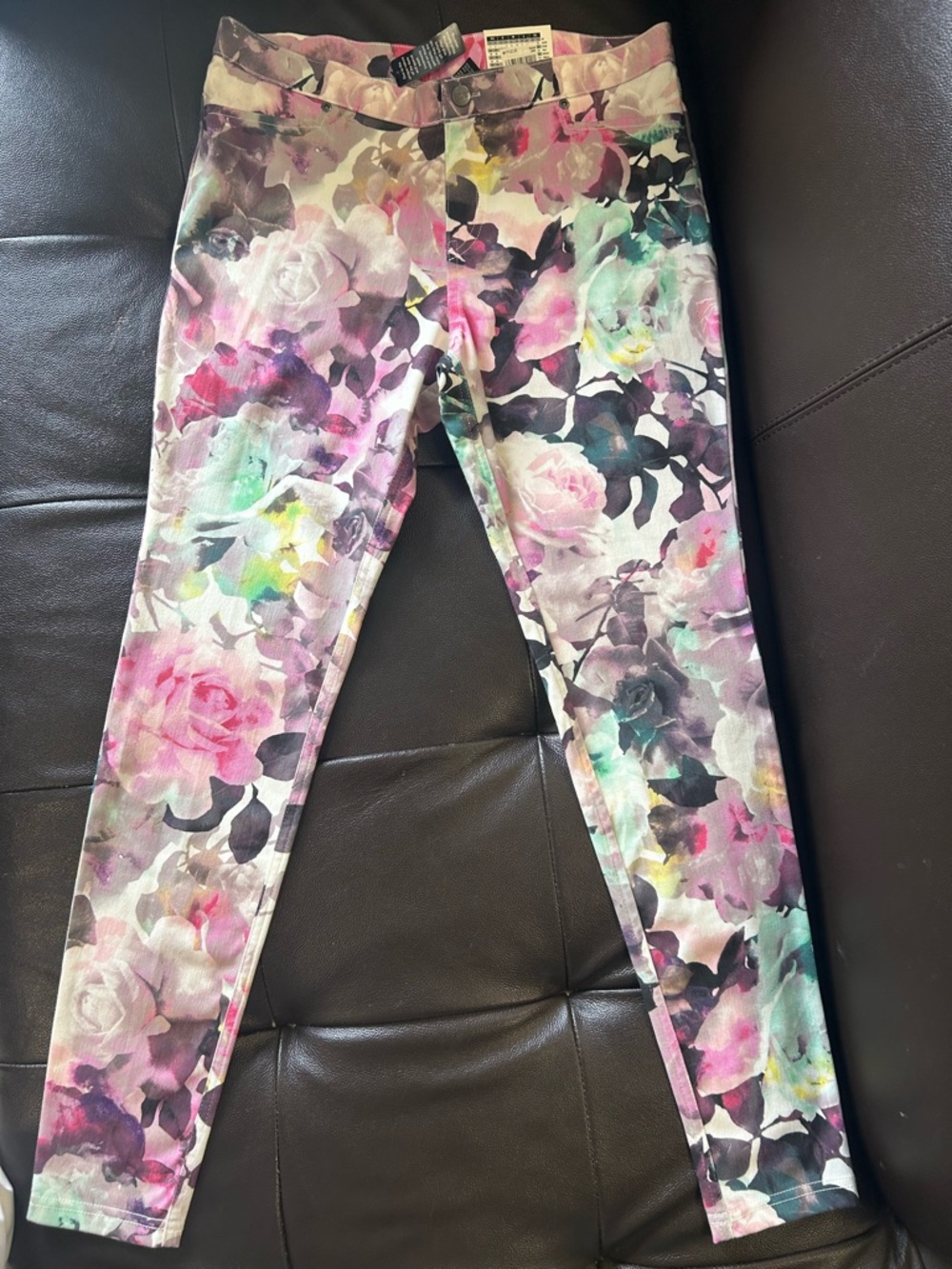 HUE Floral Watercolor Skinny Leggings - Pink, Green, Purple